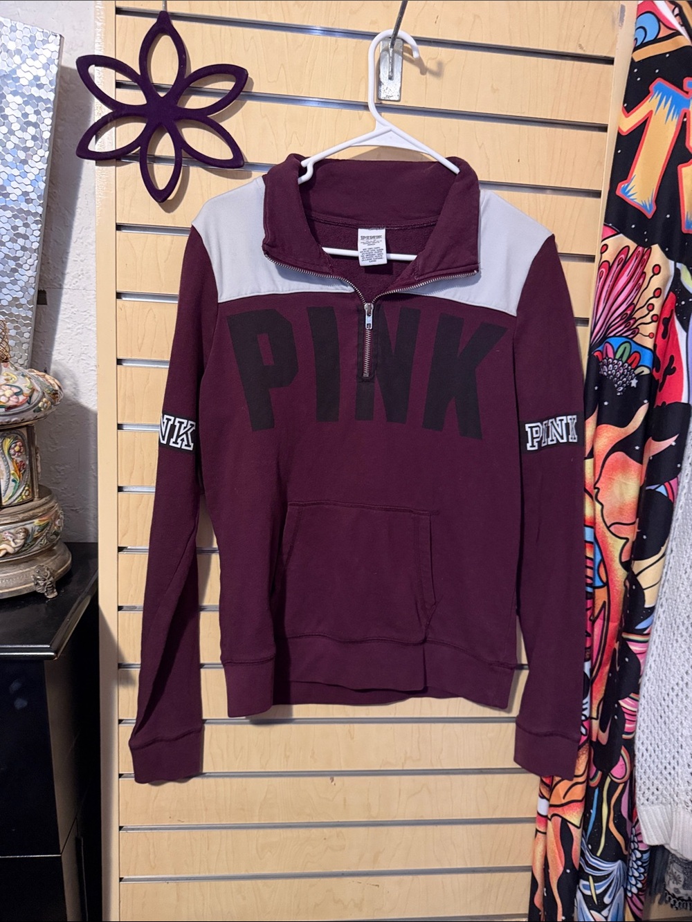 PINK Victoria's Secret Burgundy and Gray Half-Zip Pullover